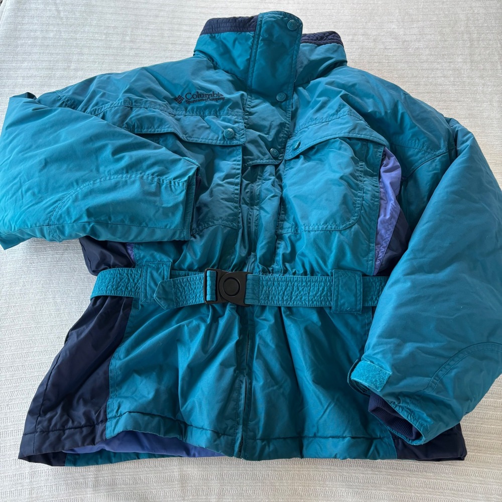 Vintage Columbia Down Puffer Jacket Teal Purple Colorblock Belted Parka Womens L